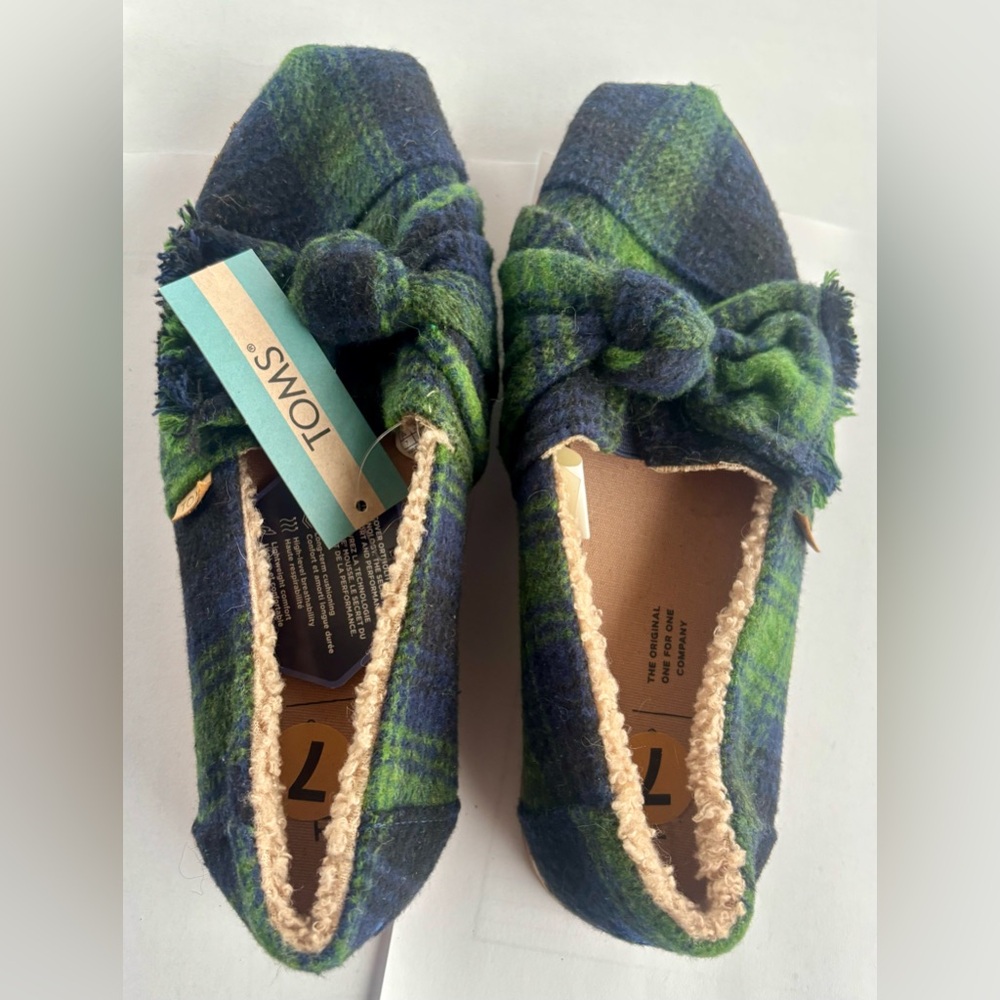 TOMS Green and Blue Plaid Fleece Slip-Ons